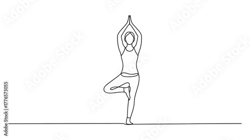 continuous line drawing of a woman performing tree pose in yoga – minimalist illustration symbolizing balance, focus, and mindfulness