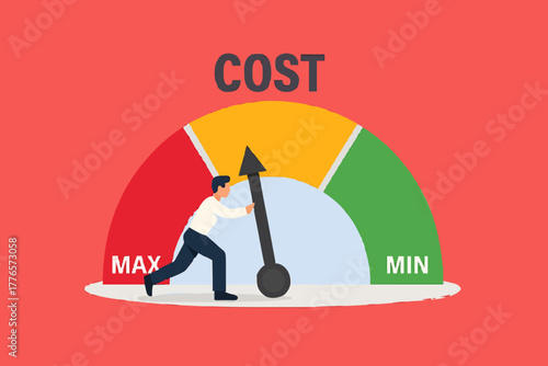 Businessman people turning cost dial to a low illustration. Cost reduction, cost cutting and efficiency concept