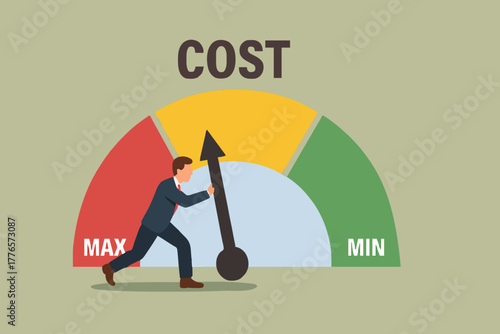 Businessman people turning cost dial to a low illustration. Cost reduction, cost cutting and efficiency concept