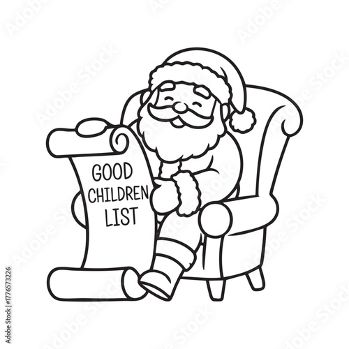 Christmas Santa holding a good children list vector. Fun coloring page illustration for kids