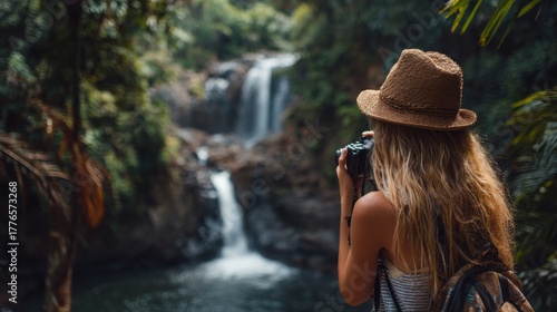 woman traveler photographing beautiful jungle waterfall
-