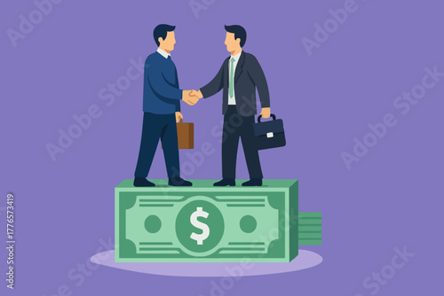 Salary negotiation, pay raise discussion or wages and benefit agreement, business deal or merger and acquisition concept, business people handshake on pile of money banknote after finish agreement.