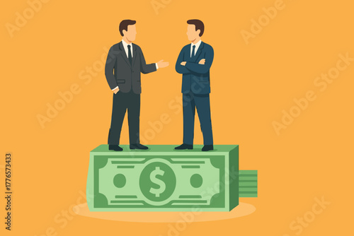Salary negotiation, pay raise discussion or wages and benefit agreement, business deal or merger and acquisition concept, business people handshake on pile of money banknote after finish agreement.