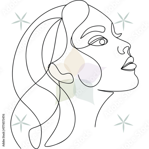 Continuous line drawing a woman's profile looking upwards with open eyes face abstract beauty single lineart