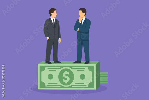 Salary negotiation, pay raise discussion or wages and benefit agreement, business deal or merger and acquisition concept, business people handshake on pile of money banknote after finish agreement.