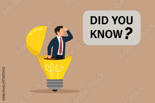 did you know illustration with businessman coming out of light bulb idea with megaphone and speech bubble saying did you know?, expert information, explanation or solution, useful tip or knowledge