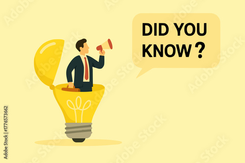 did you know illustration with businessman coming out of light bulb idea with megaphone and speech bubble saying did you know?, expert information, explanation or solution, useful tip or knowledge