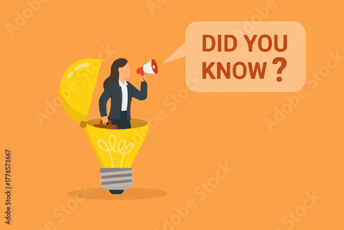 did you know illustration with businessman coming out of light bulb idea with megaphone and speech bubble saying did you know?, expert information, explanation or solution, useful tip or knowledge