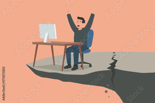 Businessman relaxing on his chair on the cracked cliff edge, comfort zone, risk, danger concept