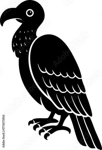 Black vector of a vulture head with hooked beak in simple silhouette style.