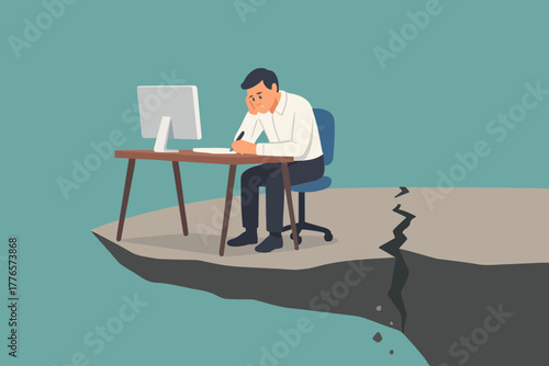 Businessman relaxing on his chair on the cracked cliff edge, comfort zone, risk, danger concept