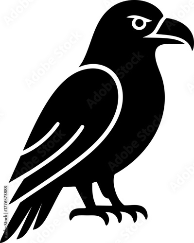 Black silhouette of a bird head in a flat vector style with an intense expression.
