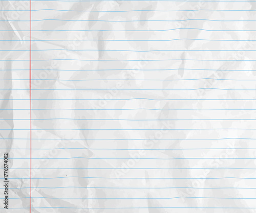 Notebook sheet with red margins. Paper background with line pattern and crumpled texture. Realistic diary bg design for craft, scrapbook or school collage and education with soft fold details. Vector