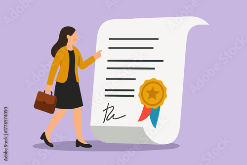 Certificate for taking course, license stamp or education certification guarantee, award for excellent work or diploma document, happy businessman with star certificate paper for work achievement.