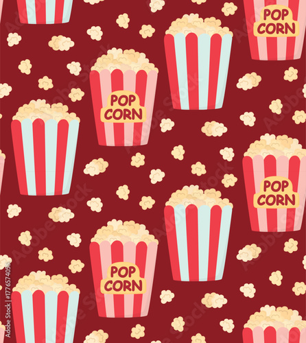 Seamless colorful pattern with popcorn. Background with fast food packaging