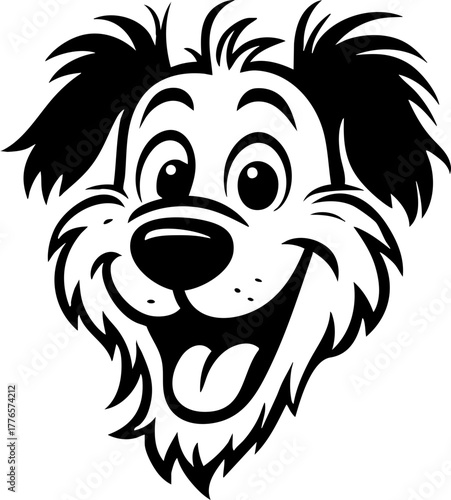 Vector silhouette of a mongrel dog head with a joyful expression.