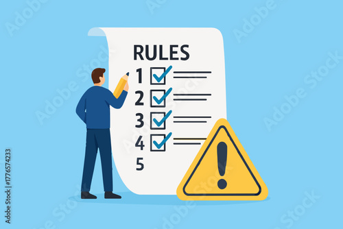 Rules and regulations, policy and guideline for employee to follow, legal term, corporate compliance or laws, standard procedure concept, businessman finish writing rules and regulations document.