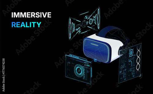 Advanced virtual reality setup features a headset alongside various interactive screens for an engaging experience in immersive technology 