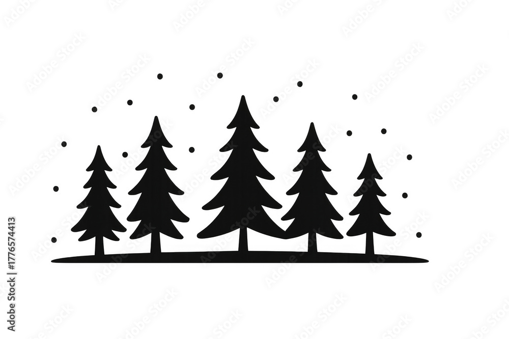 Obraz premium Pine trees forest creating a winter night scene with falling snow. Black silhouette on transparent background