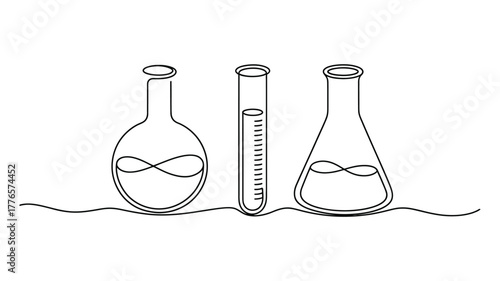 continuous line drawing of laboratory glassware with liquid levels – round-bottom flask, test tube, erlenmeyer flask on surface