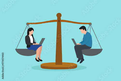 Gender equality in the workplace - Businessman and woman on scale with equal weight between the genders. Vector illustration.