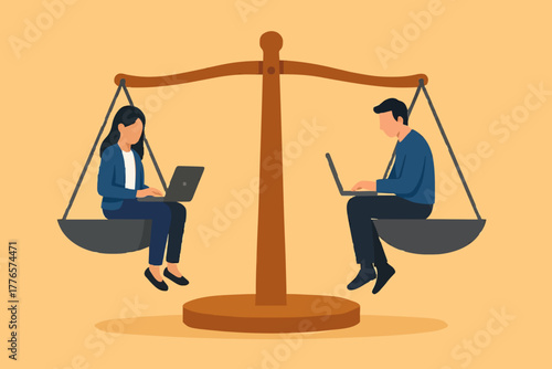 Gender equality in the workplace - Businessman and woman on scale with equal weight between the genders. Vector illustration.