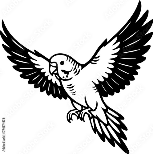 Black silhouette of a flying parakeet in flat vector illustration.