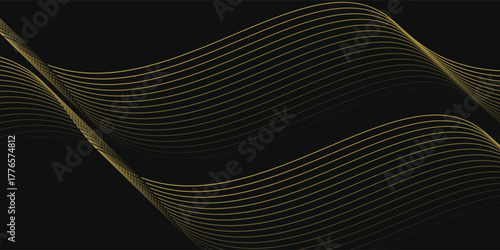 Abstract luxury with shining gold lines waves on black background. Futuristic background