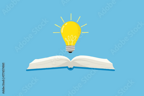 Knowledge or education, study or learning new skill, creativity or idea, reading book for inspiration, discover solution or literature, wisdom concept, hand hold open book to discover lightbulb idea.