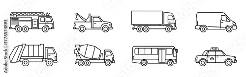 A set of outline icons depicting various service and commercial vehicles, suitable for transport themes.