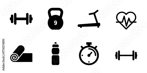 A set of simple black flat design icons representing various fitness and gym equipment and concepts.