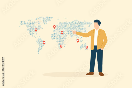 Global business expansion, open company branches, franchise in new location to cover all continent, growing business worldwide concept, businessman CEO put new branch pin on world map across globe.