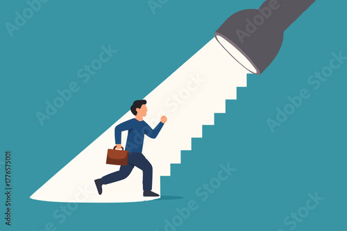 Spotlight to guide career success, recruitment or HR finding candidate or talent, opportunity or career growth, ladder of success concept, businessman walk up flashlight with staircase light beam.