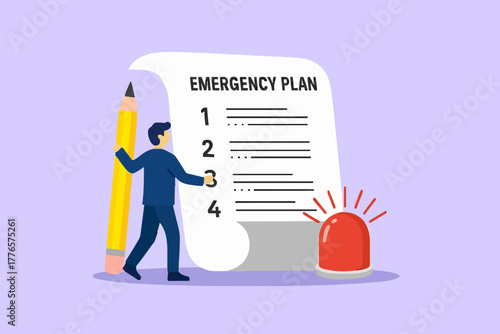 Business emergency plan concept, checklist to do in disaster, continue business and build resilience concept, smart businessman leader holding pencil with emergency plan paper flashing siren.