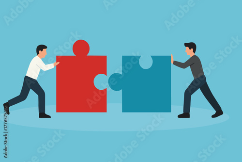 Business concept. Teamwork metaphor. Two businessmen connecting puzzle elements. Vector illustration flat style design. Combining two pieces. Symbol of working together, cooperation, partnership.