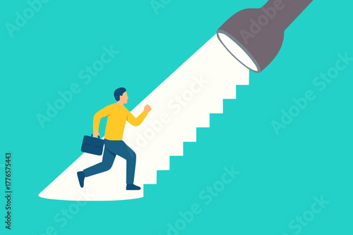 Spotlight to guide career success, recruitment or HR finding candidate or talent, opportunity or career growth, ladder of success concept, businessman walk up flashlight with staircase light beam.