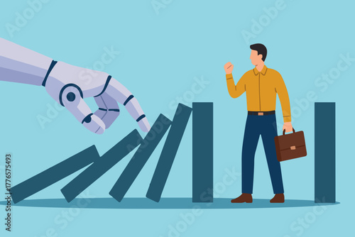 AI to disrupt human work, Artificial intelligence impact or challenge, job uncertainty future, innovation effect, AI change concept, AI robot arm push to collapse domino, businessman falling down.