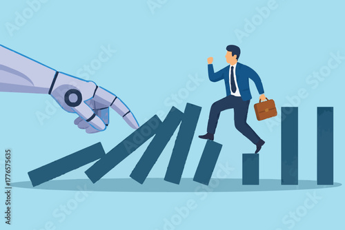 AI to disrupt human work, Artificial intelligence impact or challenge, job uncertainty future, innovation effect, AI change concept, AI robot arm push to collapse domino, businessman falling down.