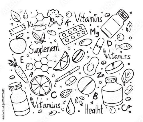 Hand-drawn doodle style vector illustration with various vitamins, pills, healthy food elements, and supplement symbols. Perfect for health, wellness, nutrition, and pharmaceutical-themed designs.