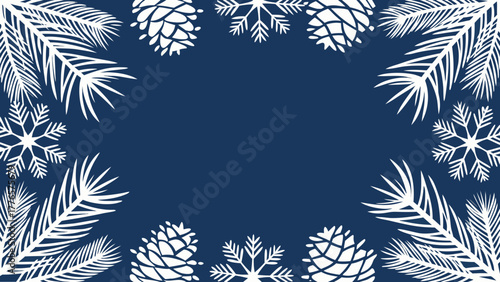 Vector illustration of a Christmas poster with blue background, white fir branches, pine cones, and snowflakes. Panoramic banner with place for text
