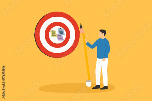 Goal setting, achievable target or purposeful objective, mission to accomplish or challenge to win for business success concept, businessman write down goal on notes and put on big dartboard target.