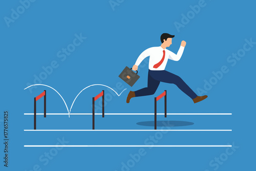 Businessman jumping higher over hurdle. Business concept icon vector template design element