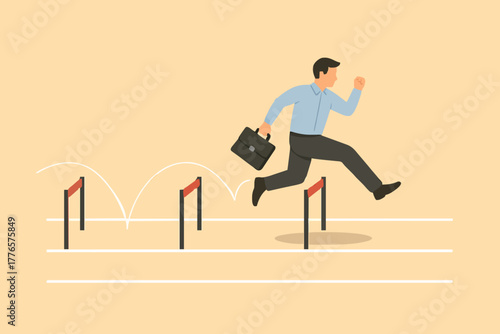 Businessman jumping higher over hurdle. Business concept icon vector template design element