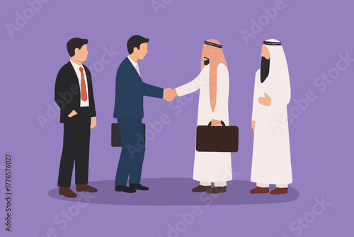 icon logo team work art design vector element Simple flat vector illustration of an Arabic businessman shake hand with western businessman