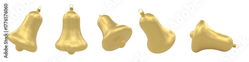 Realistic soft gold Christmas ornaments bell-shaped, isolated. Clean 3d vector render in different angles. Christmas tree decoration of realism style. Perfect for social media designs, greeting cards.
