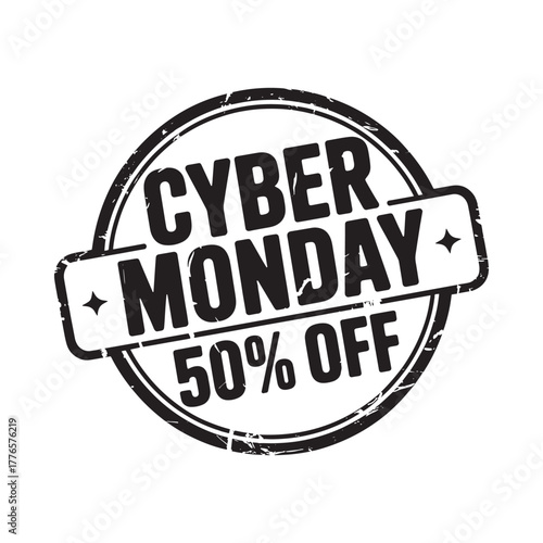 Cyber monday 50 percent off sale stamp graphic