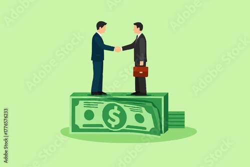 Salary negotiation, pay raise discussion or wages and benefit agreement, business deal or merger and acquisition concept, business people handshake on pile of money banknote after finish agreement.