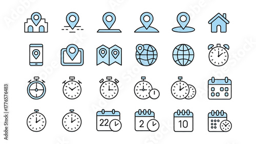 Location and Time Icons Set Blue Outline Map Pin Globe Clock Calendar Keywords: location, map