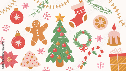 A christmas themed illustration with a tree, ornaments, and other holiday related decorations shown here silhouette