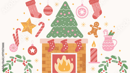 Festive christmas scene with fireplace, tree, stockings, ornaments and other holiday decorations art silhouette